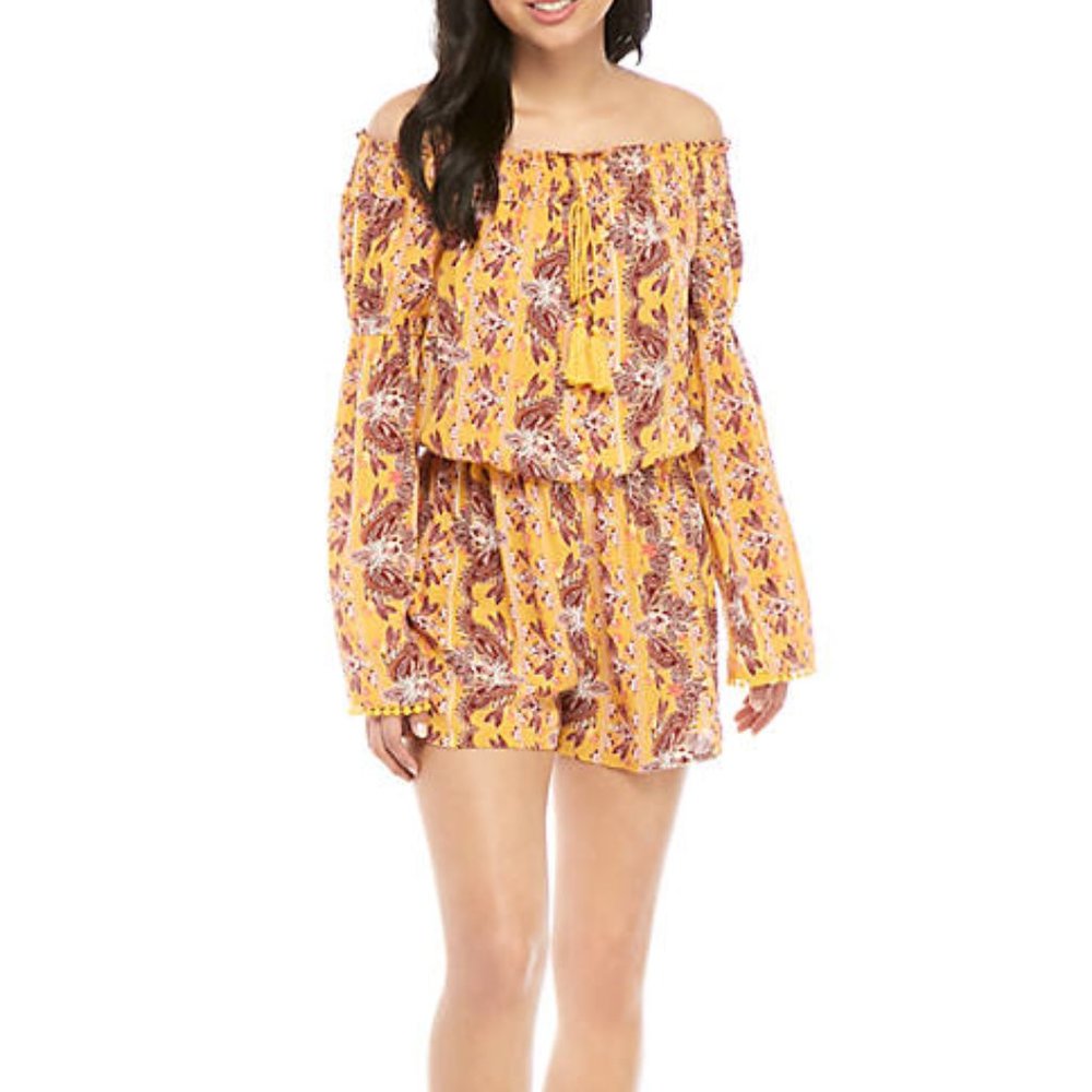Wonderly Yellow Floral Off Shoulder Romper Long Sleeve Medium New